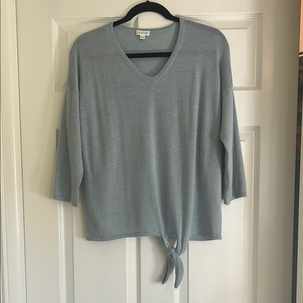 Garnet Hill Blue V-Neck Tie Front Cashmere Sweater